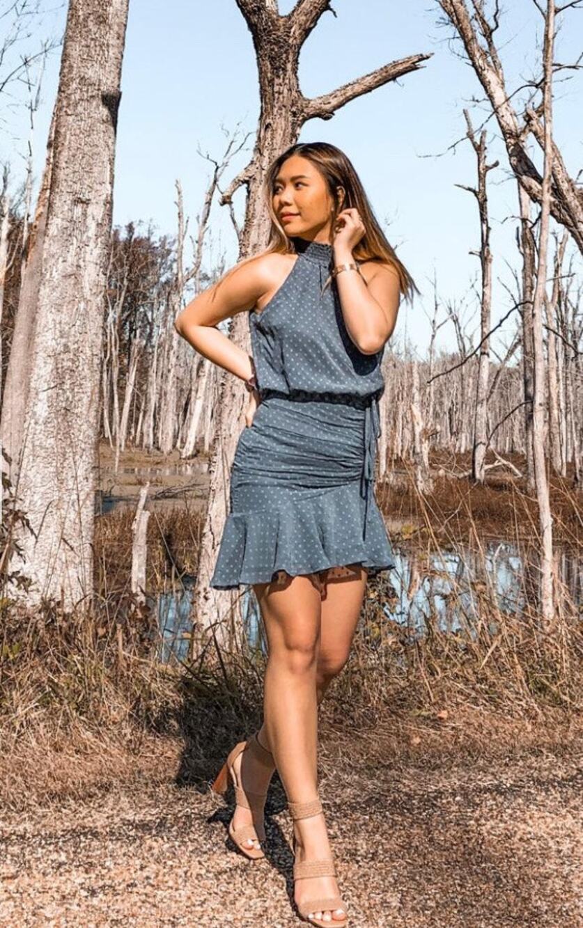 Two Sisters The Label Pip Mini Dress US 6 Ruched Ruffle Blue Polka Dot Cocktail